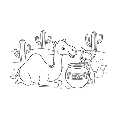 Camel and Desert Fox Sharing Water
