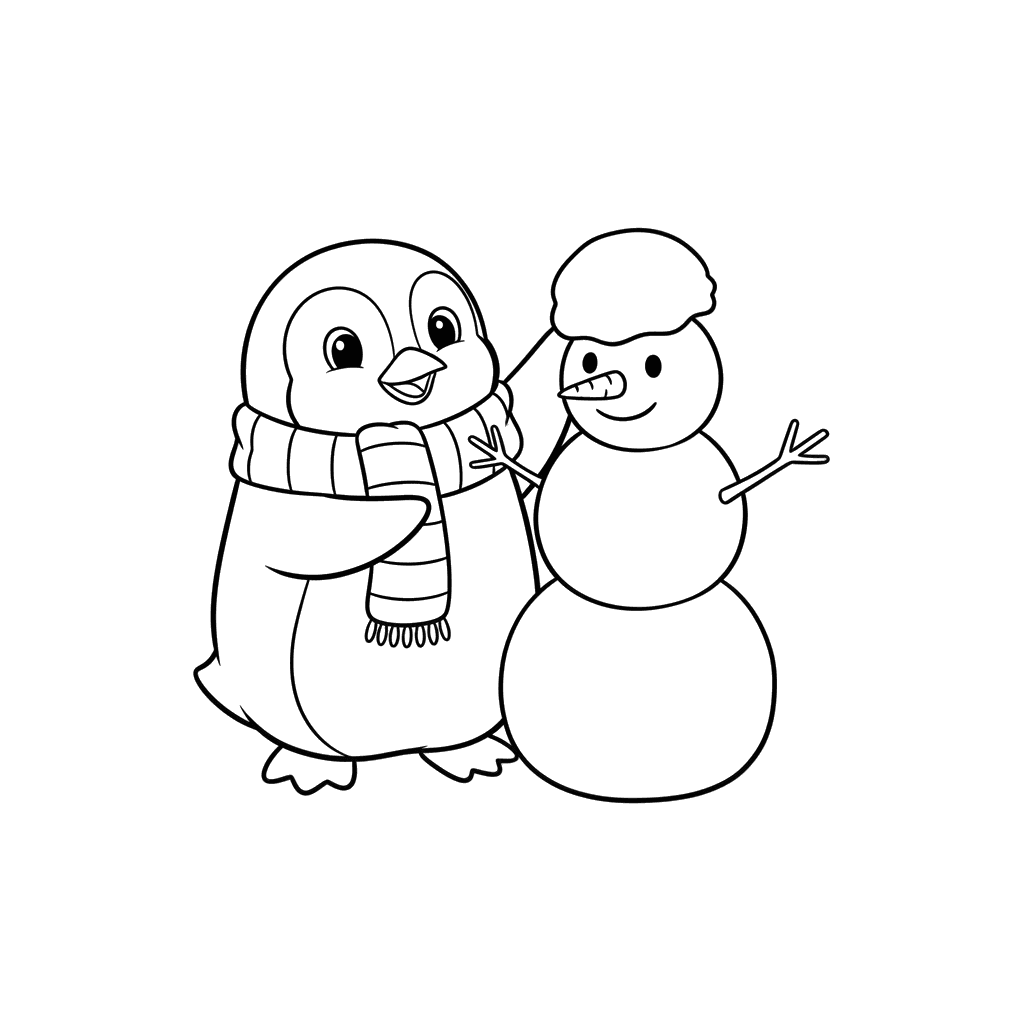 Página para colorear Pingüino Construyendo un Muñeco de Nieve