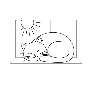 Кошка спит на солнечном подоконнике - Раскраска