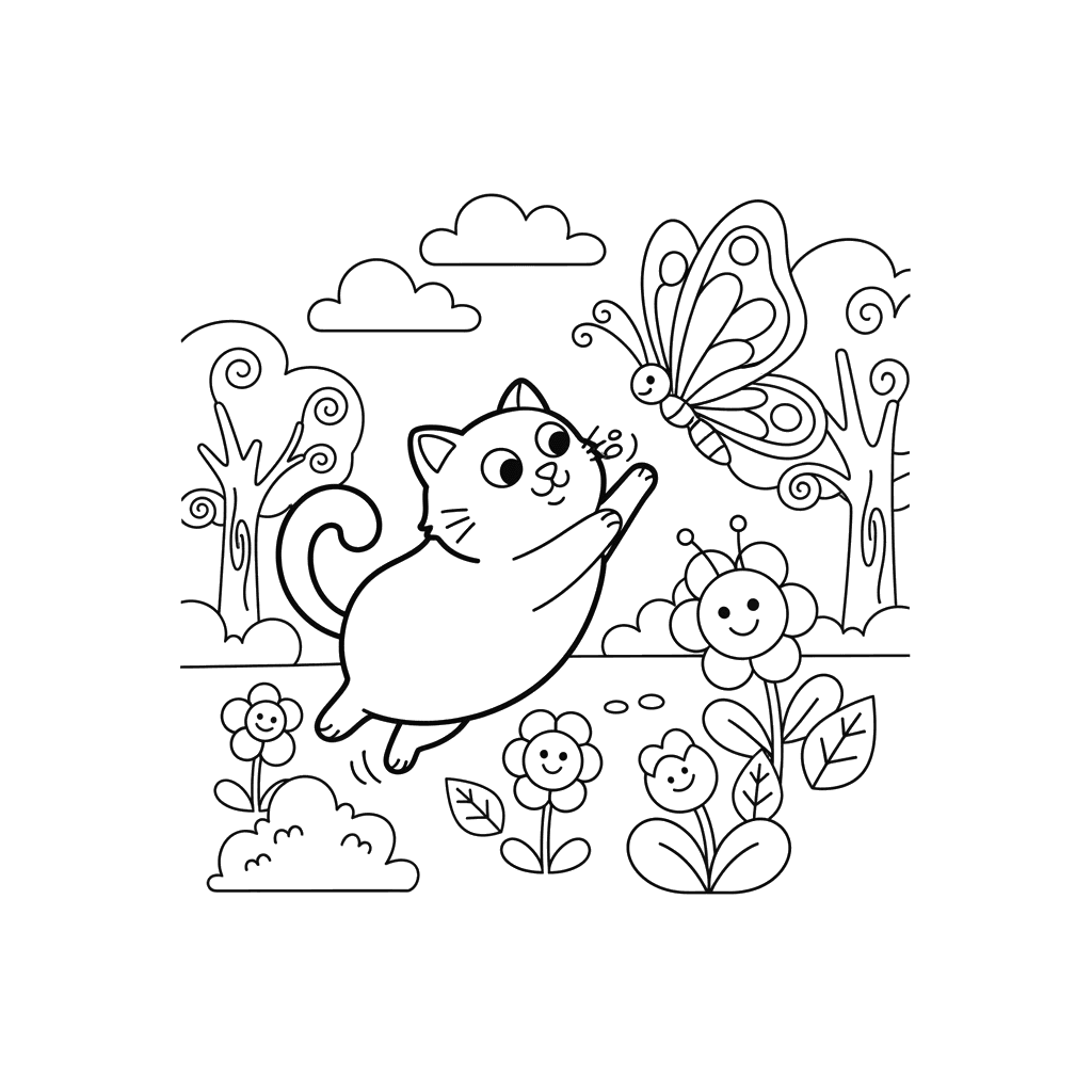 Katze und Schmetterling im Frühlingsgarten