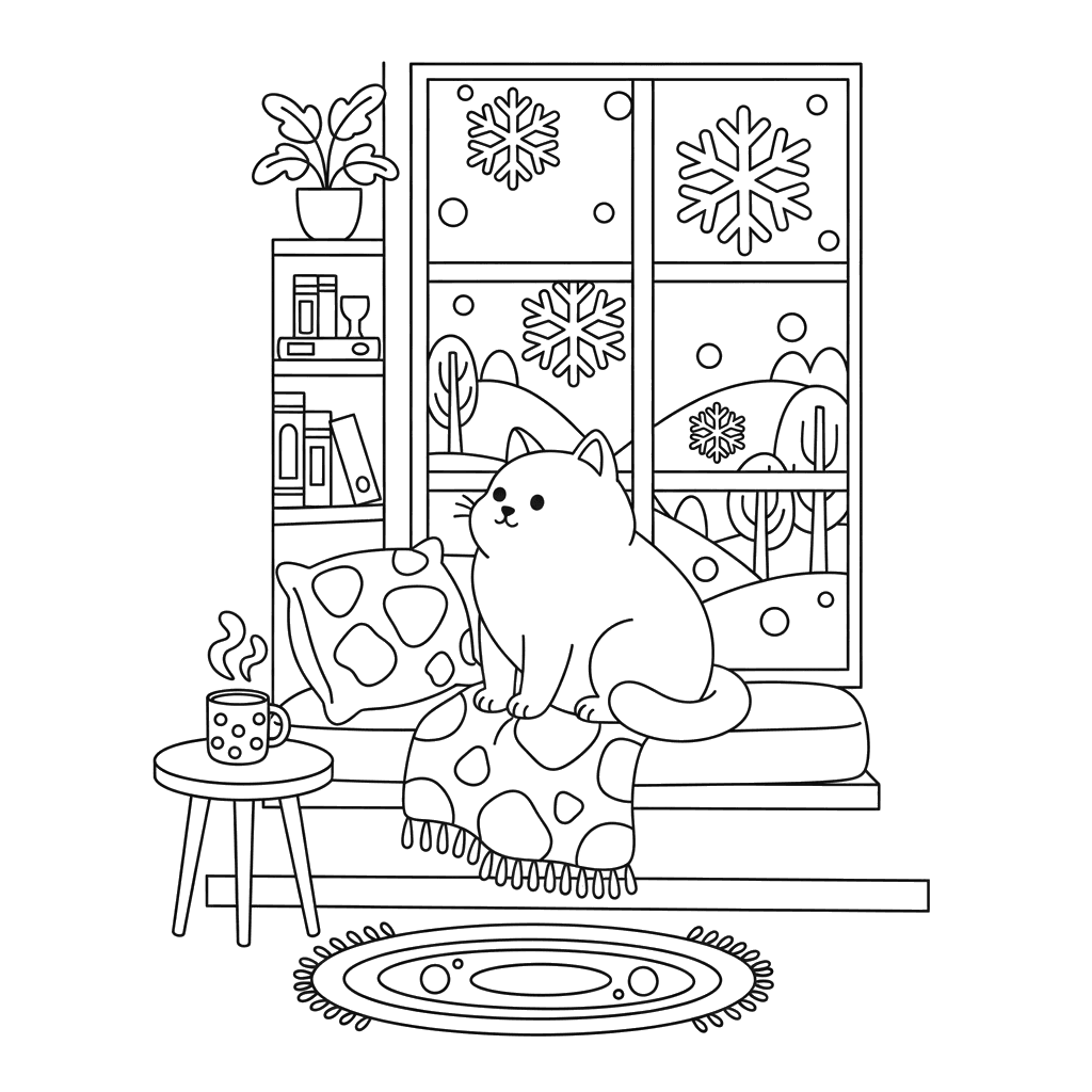 Gato acogedor viendo la nieve