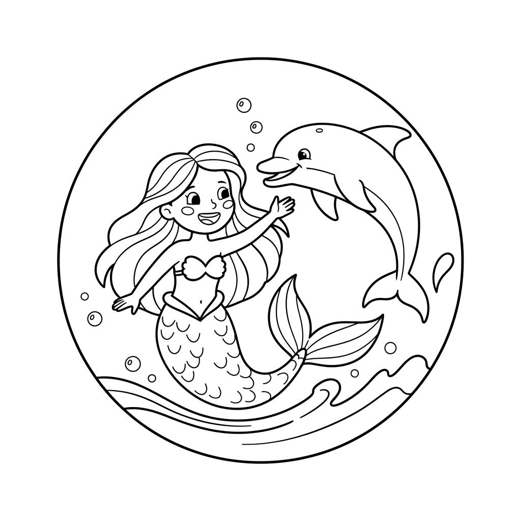 Dibujo para Colorear de Sirena y Delfín