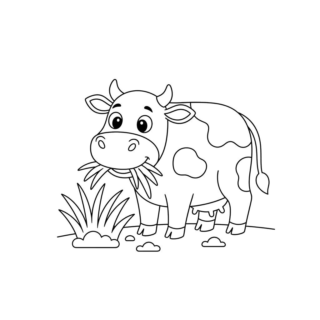Página para colorear "Vaca feliz comiendo pasto"