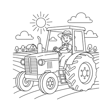 Farmer Driving a Red Tractor Coloring Page