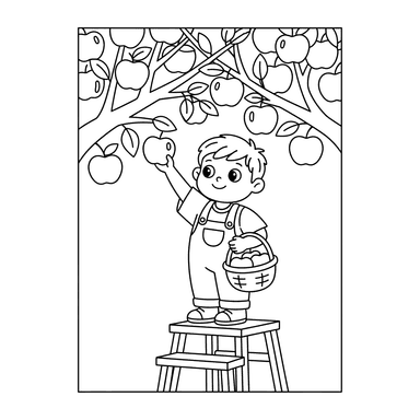 Child Picking Apples Coloring Page