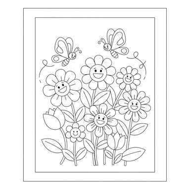 Butterfly and Farm Flowers Coloring Page
