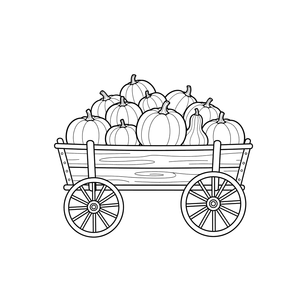 Dibujo para colorear: Carro lleno de calabazas para la cosecha de otoño