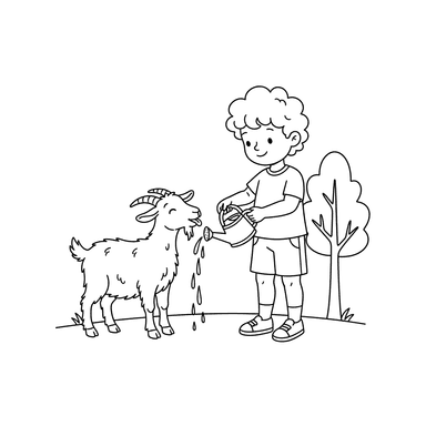 Boy Giving Water to a Thirsty Goat Coloring Page