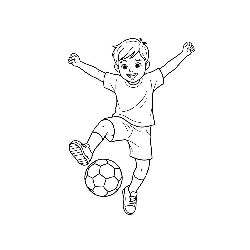 Dibujo para Colorear: Niño Feliz Pateando un Balón de Fútbol