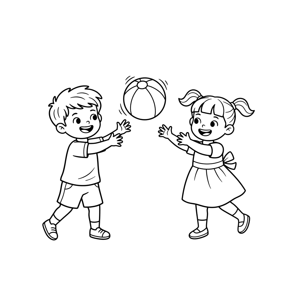 Dibujo para Colorear Niño y Niña Jugando a la Pelota