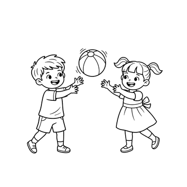 Coloriage Garçon et Fille Jouant à la Balle