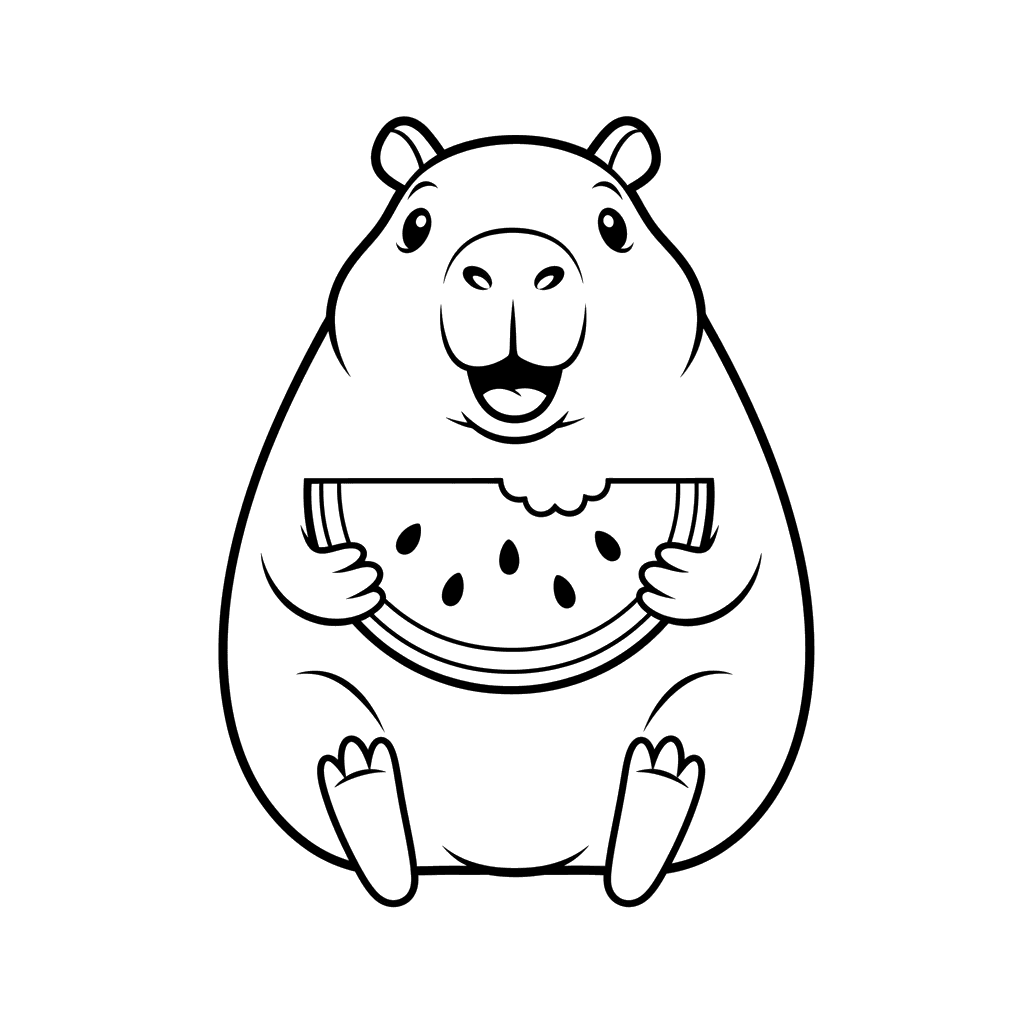 Dibujo para Colorear Capibara Feliz Comiendo Sandía