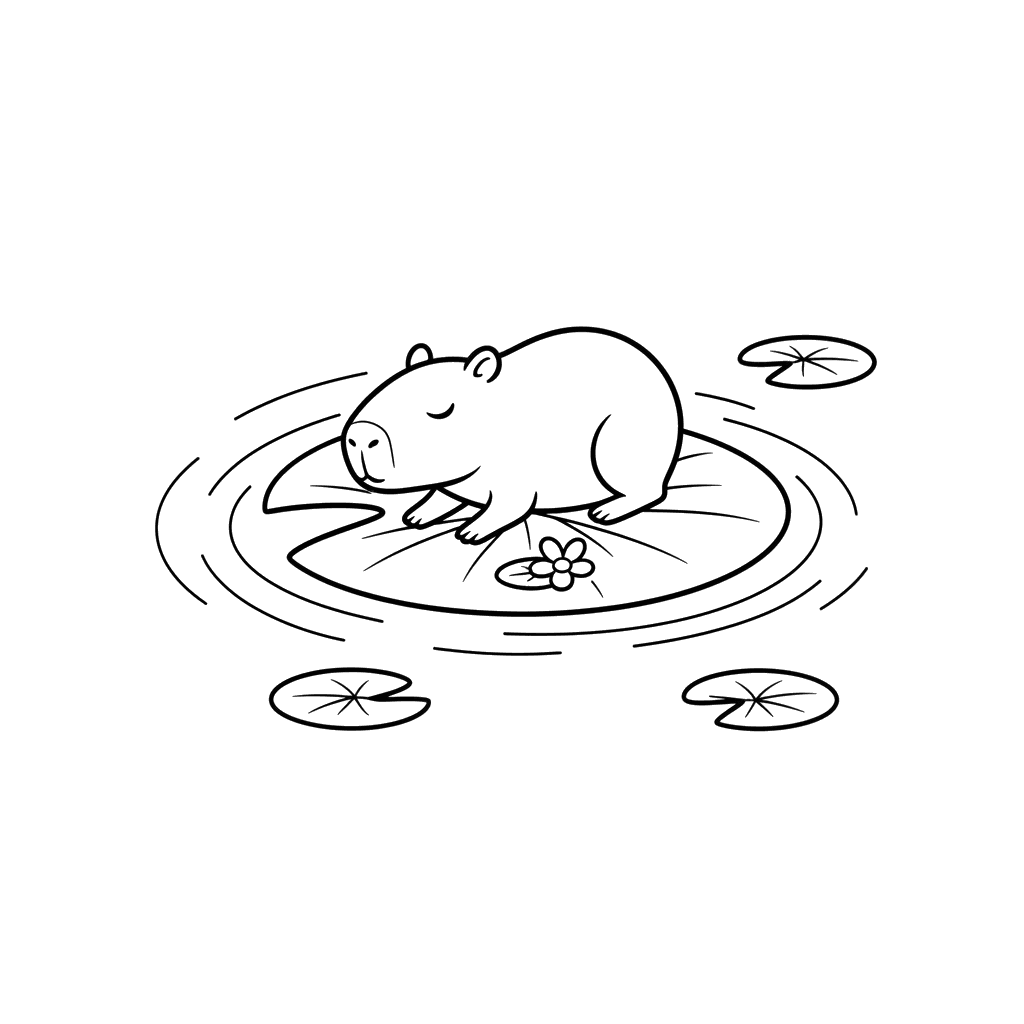 Dibujo para Colorear Carpincho en un Lirio de Agua