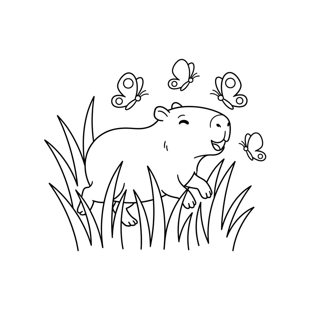 Dibujo para Colorear Capibara Juguetón Persiguiendo Mariposas