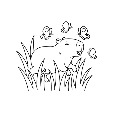 Playful Capybara Chasing Butterflies Coloring Page