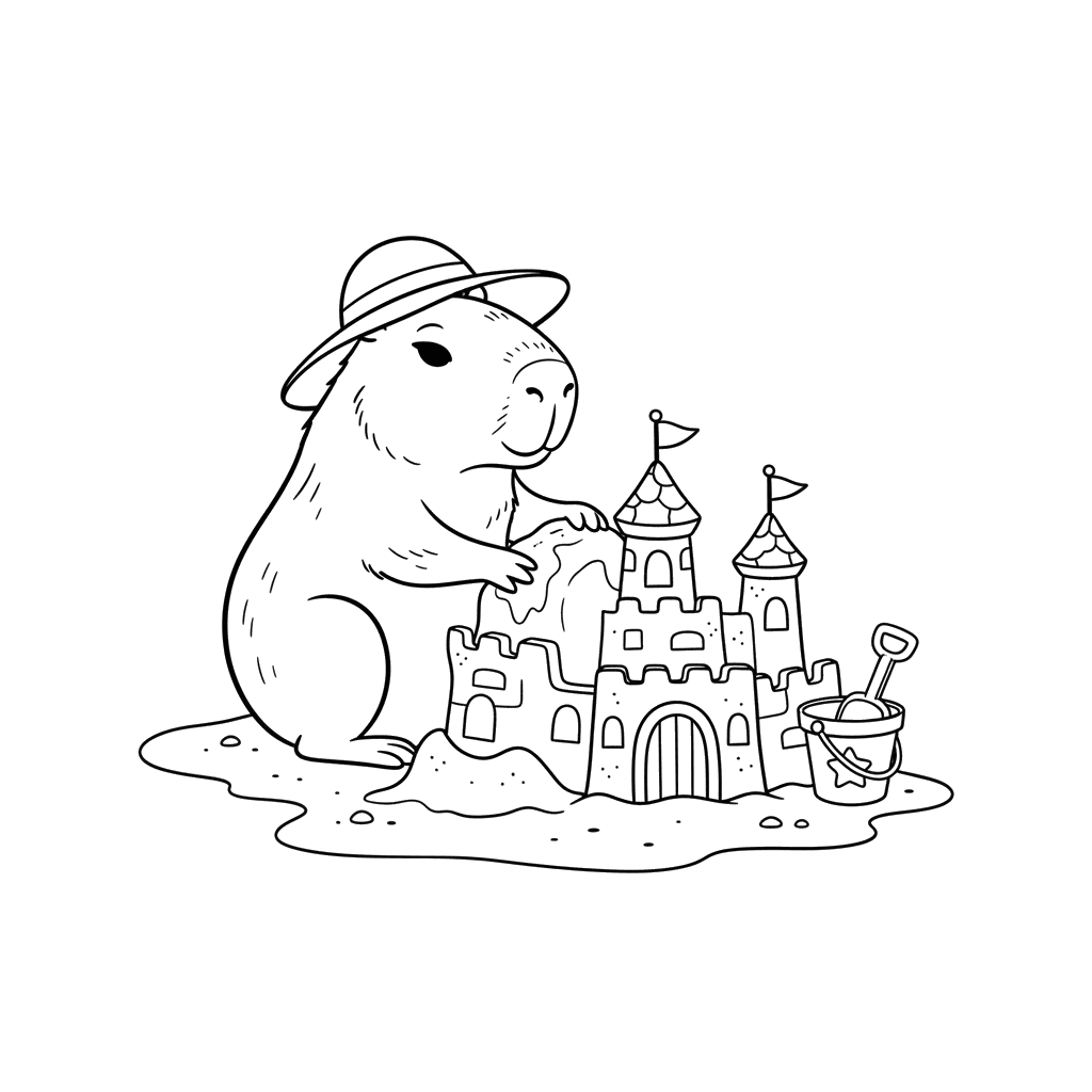Dibujo para Colorear Capibara Construyendo un Castillo de Arena