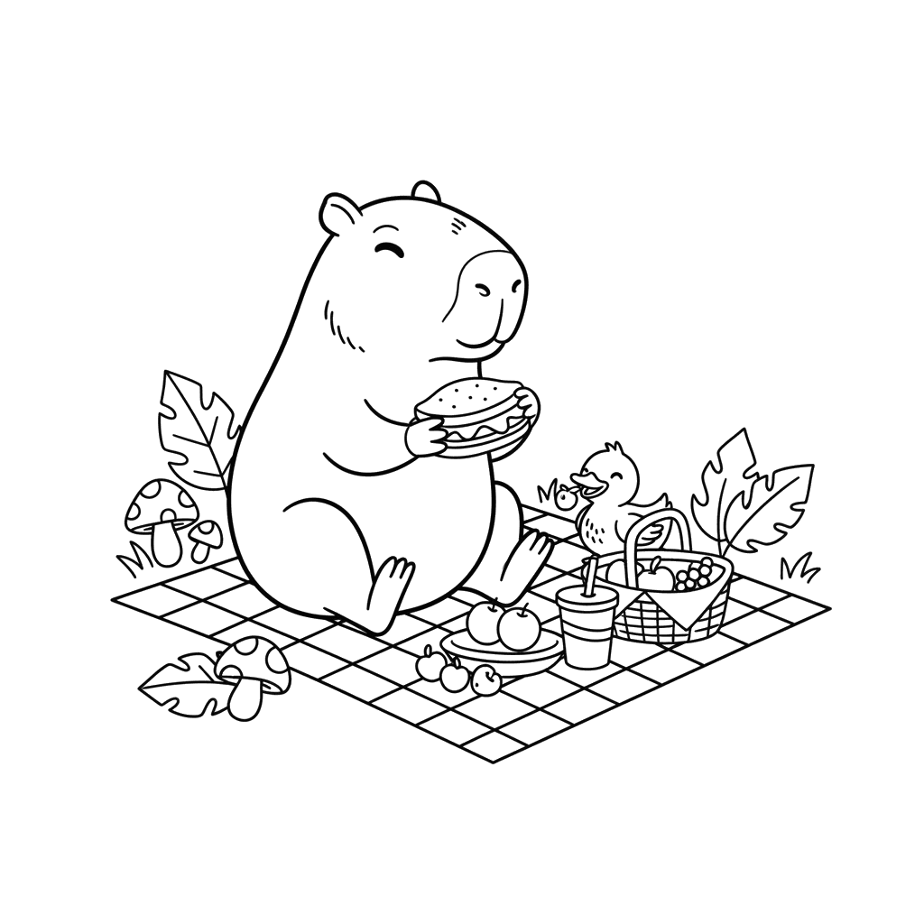 Dibujo para Colorear de Capibara y Pato de Picnic para Niños