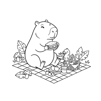 Capybara and Duck Picnic Coloring Page for Kids