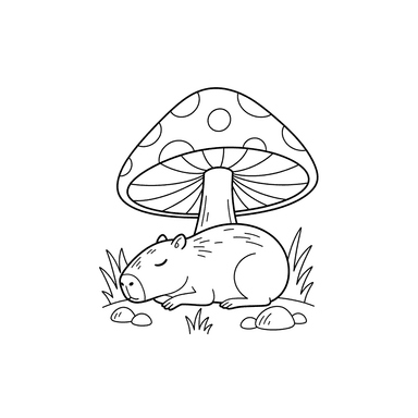 Sleepy Capybara Napping Under a Mushroom Coloring Page
