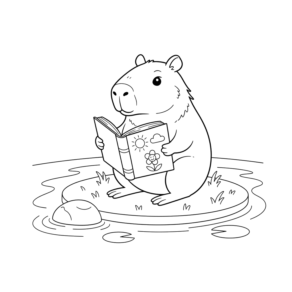 Dibujo para Colorear: Capibara Curioso Leyendo un Cuento