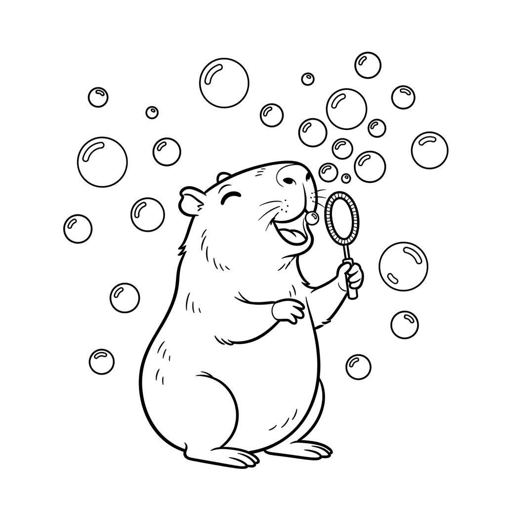 Fröhliches Capybara Seifenblasen Ausmalbild