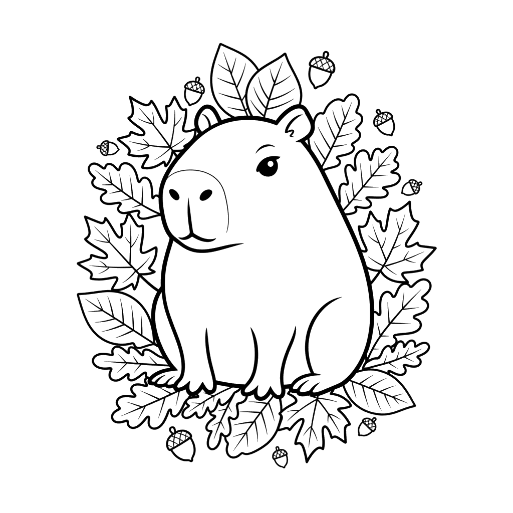 Dibujo para Colorear Capibara y Hojas de Otoño