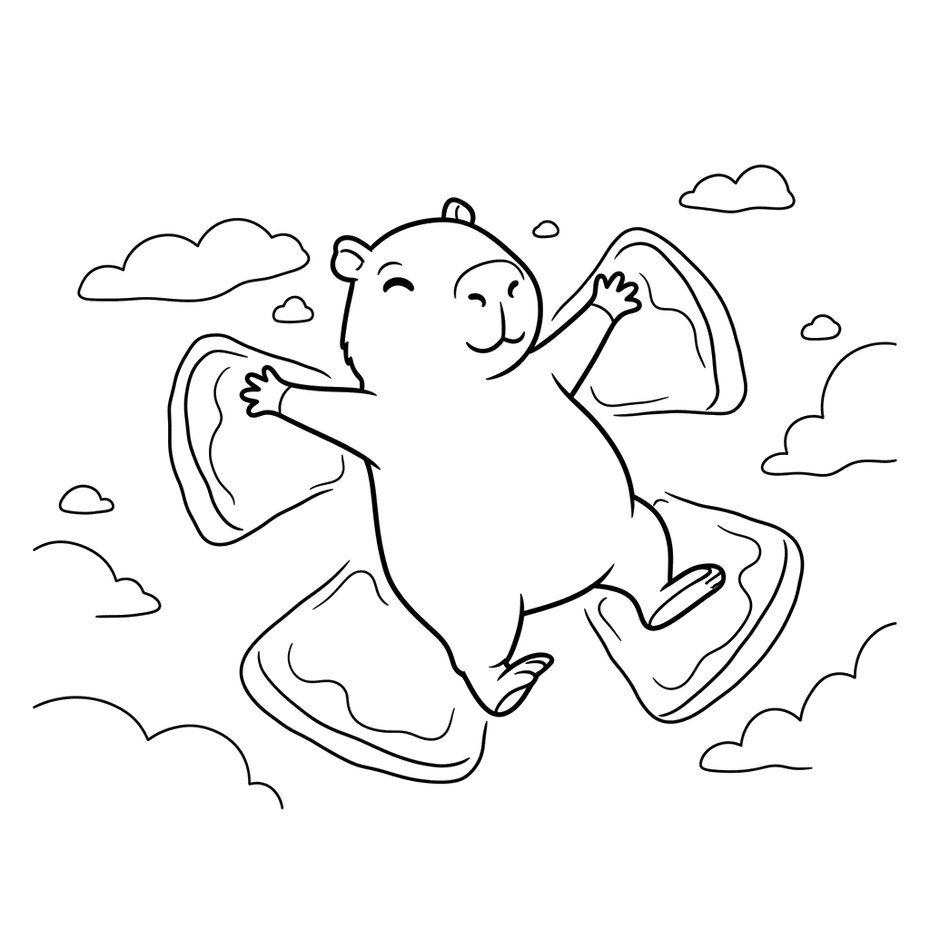 Dibujo para Colorear Capibara Feliz Haciendo un Ángel de Nieve
