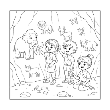 Children Drawing Animals on a Cave Wall Coloring Page