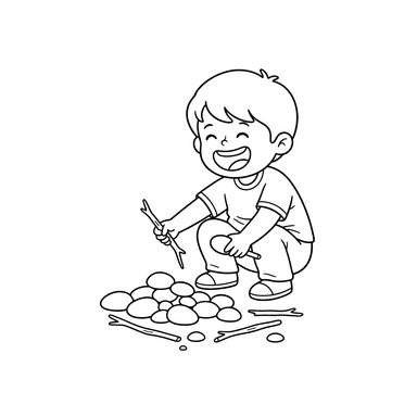 Child Playing with Pebbles and Sticks Coloring Page