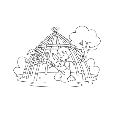 Building a Branch Hut Coloring Page