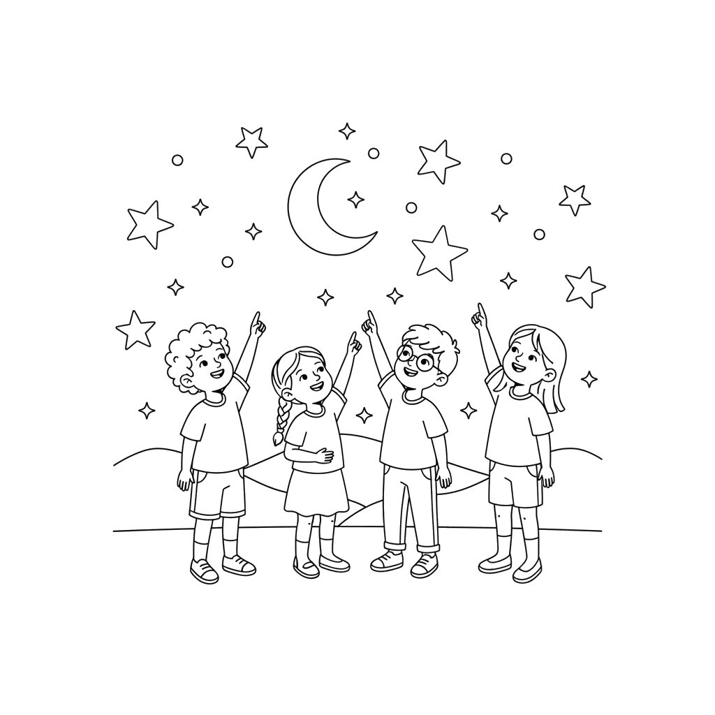 Dibujo para Colorear Niños Observando Estrellas