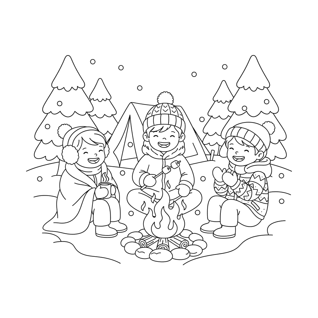 Dibujo para colorear de fogata acogedora en invierno