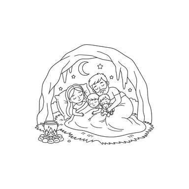Family Sleeping Peacefully in a Cave Coloring Page