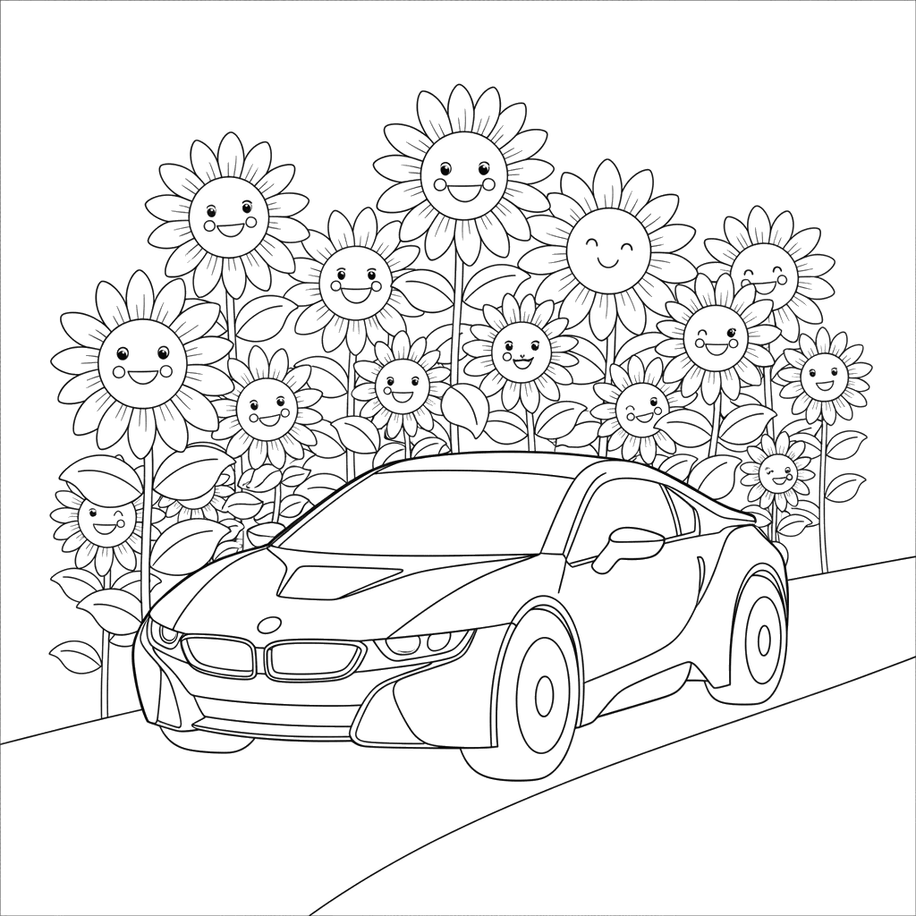 Ausmalbild: BMW Auto im Sonnenblumenfeld