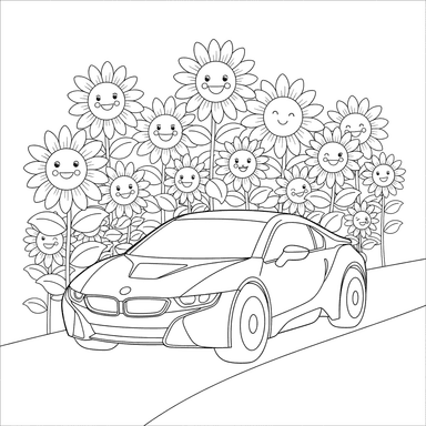 BMW Car in Sunflower Field Coloring Page