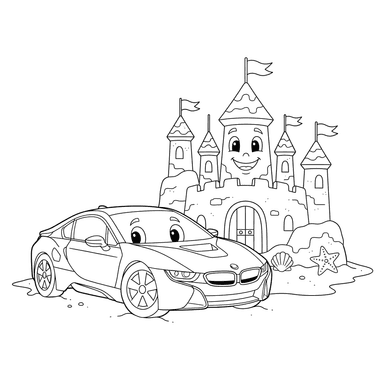 Раскраска Машина BMW и Гигантский Песочный Замок
