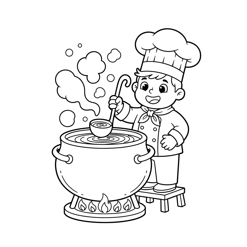 Dibujo para colorear Chef Alegre Removiendo Sopa