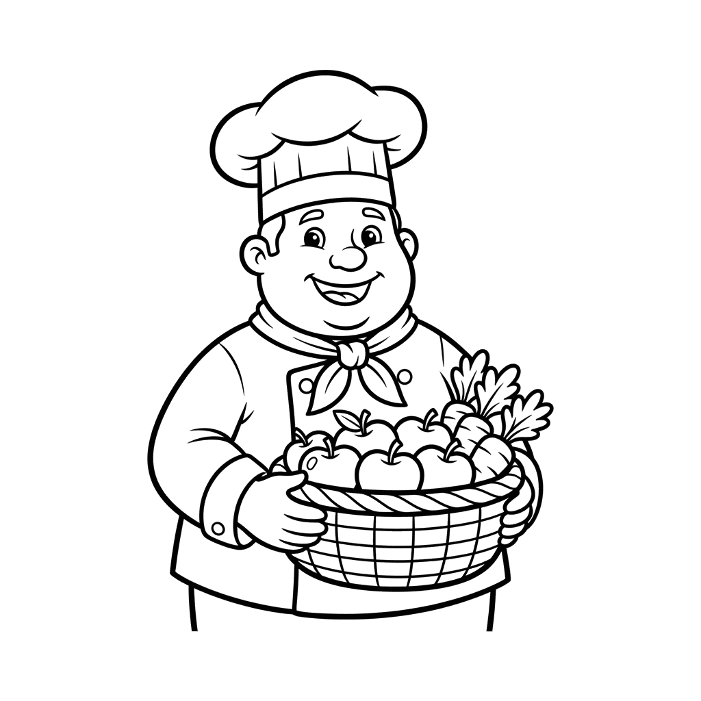 Dibujo para Colorear: Chef Amigable con Manzanas y Zanahorias