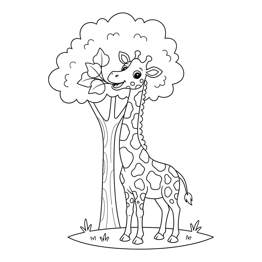Dibujo para Colorear Jirafa Feliz Comiendo Hojas