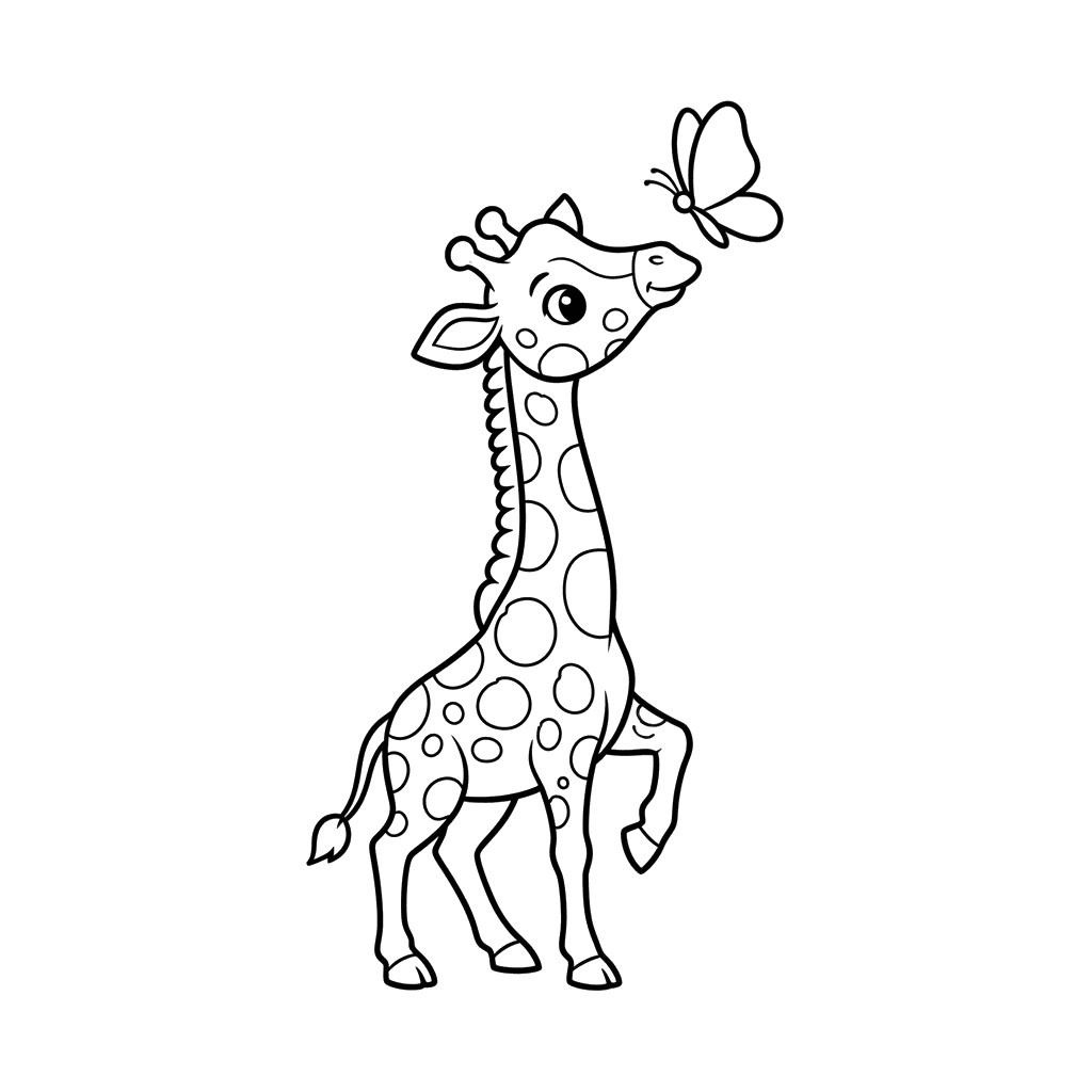 Dibujo para colorear de Jirafa Bebé y Mariposa