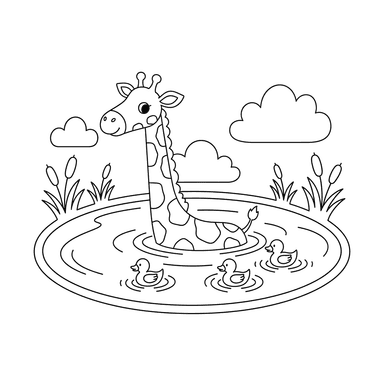 Giraffe Swimming with Ducks Coloring Page