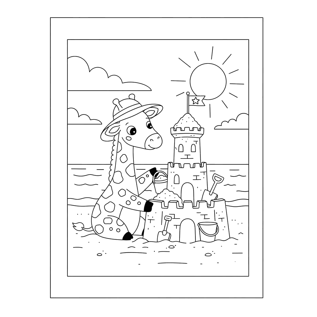 Dibujo para Colorear de Jirafa Construyendo un Castillo de Arena en la Playa