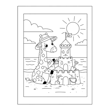 Coloriage Girafe Construisant un Château de Sable à la Plage
