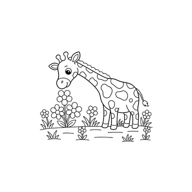 Giraffe Picking Flowers Coloring Page