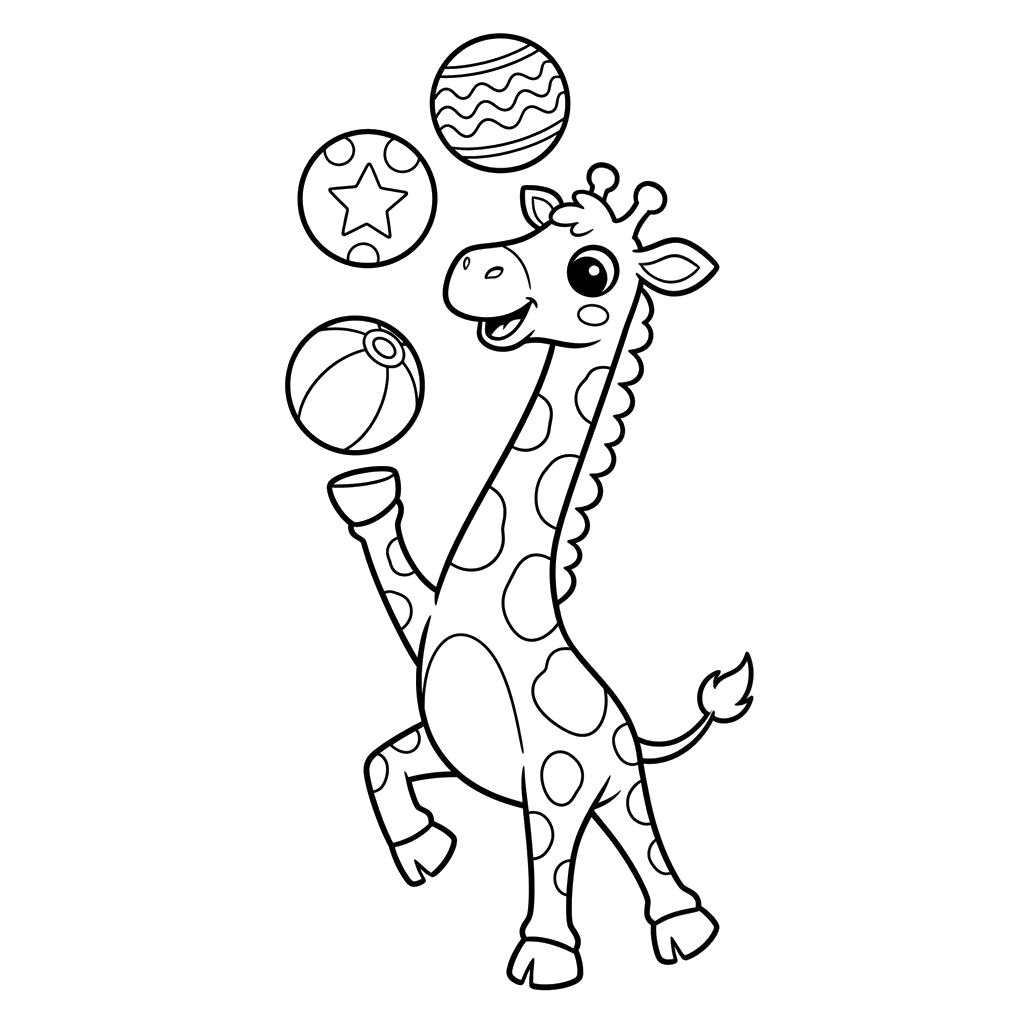 Dibujo para Colorear: Jirafa Haciendo Malabares con Bolas de Colores