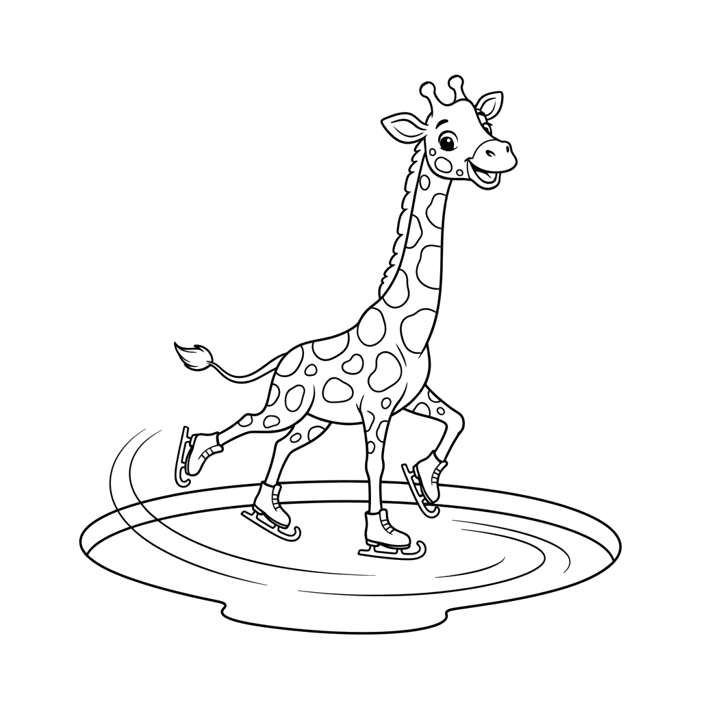 Dibujo para Colorear: Jirafa Patinando sobre Hielo