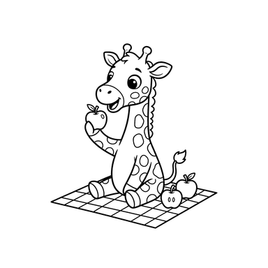 Coloriage Girafe en Pique-nique avec des Pommes