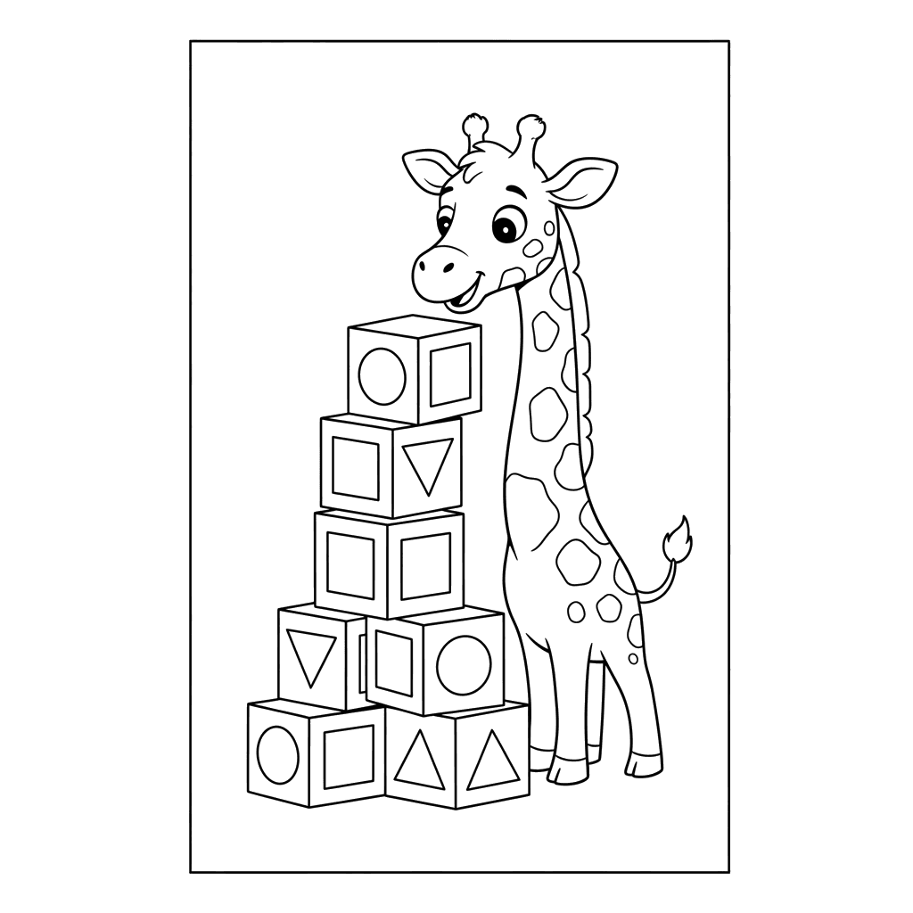 Dibujo para Colorear de Jirafa Construyendo una Torre de Bloques
