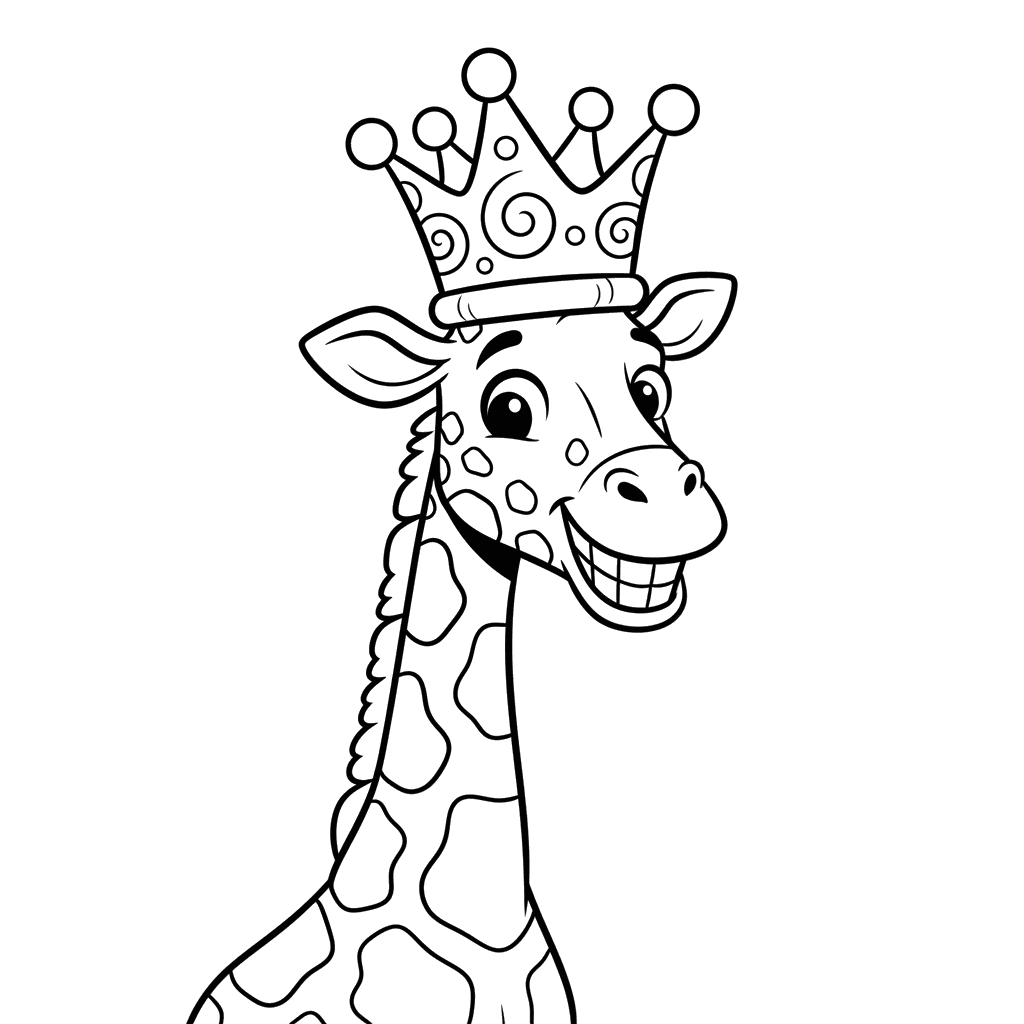 Dibujo para Colorear de Jirafa Sonriente con una Corona Divertida