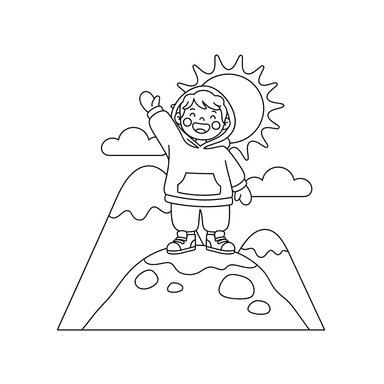 Happy Child Waving on a Mountain Peak Coloring Page